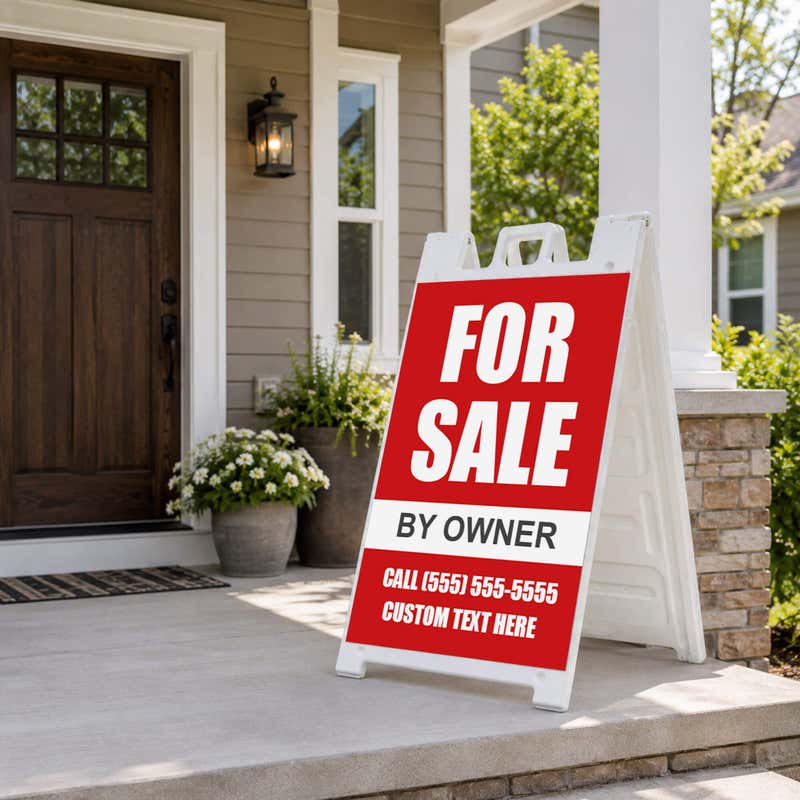 Red for sale real estate A-frame sign on a home front porch