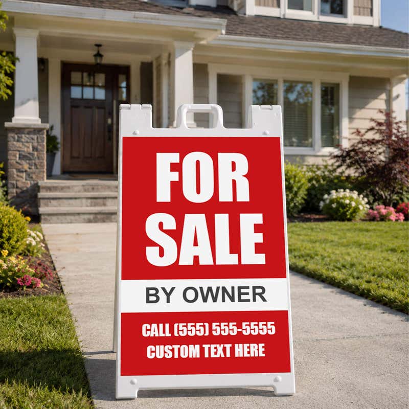 Red for sale A-frame sign standing on a sidewalk