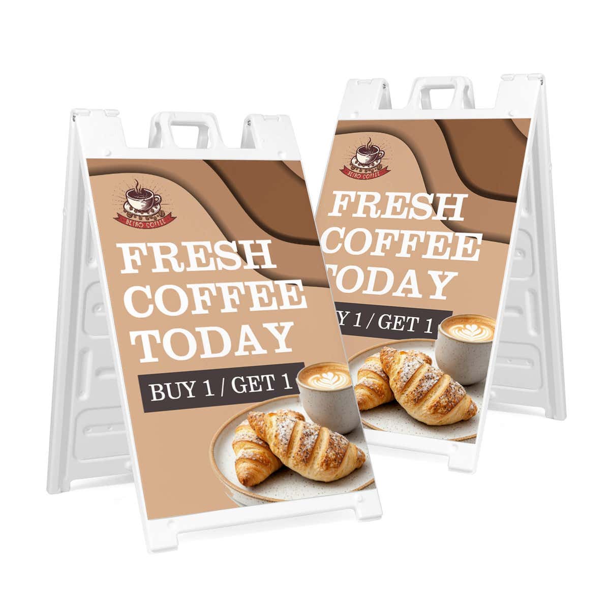 Two fresh coffee A-frame sidewalk signs shown front and angled