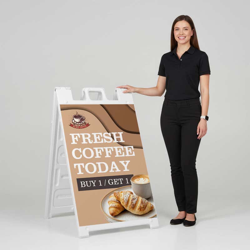 Woman standing beside a fresh coffee A-frame sign for scale