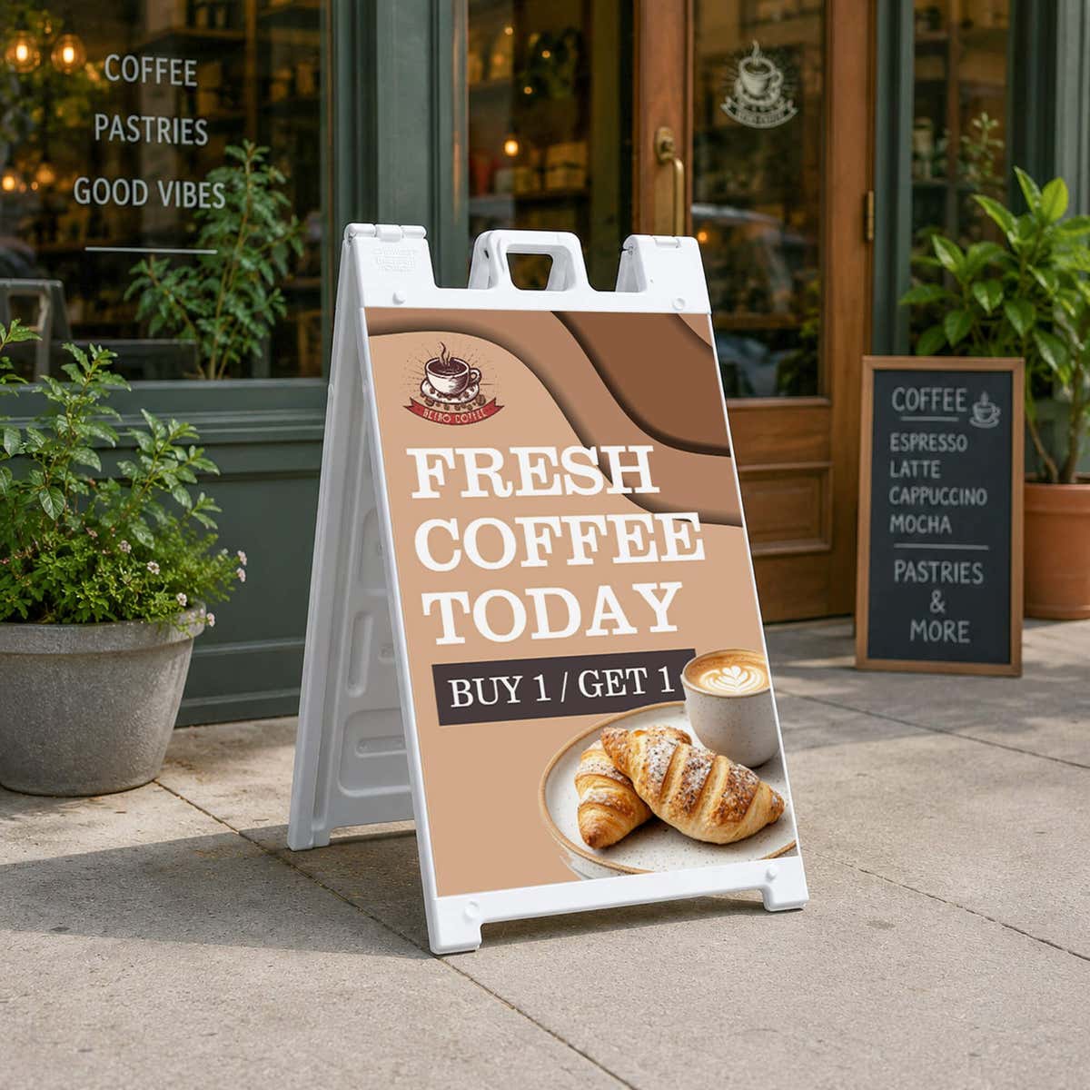 Fresh coffee A-frame sidewalk sign displayed in front of a store