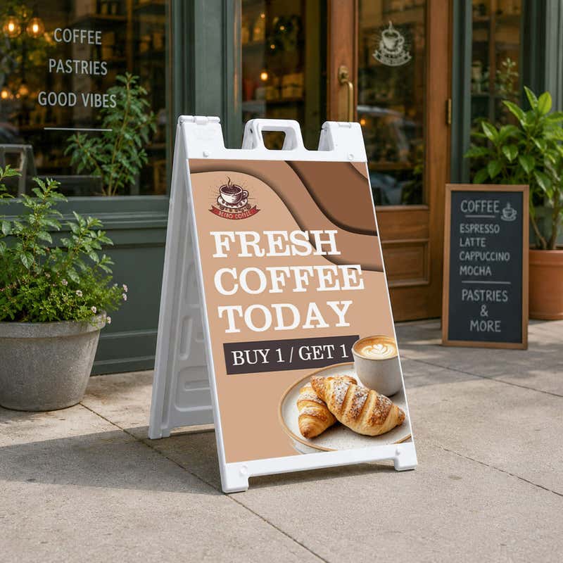 Fresh coffee A-frame sidewalk sign displayed in front of a store