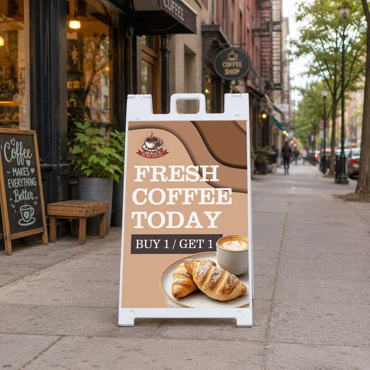 Fresh coffee A-frame sidewalk sign displayed in front of a store