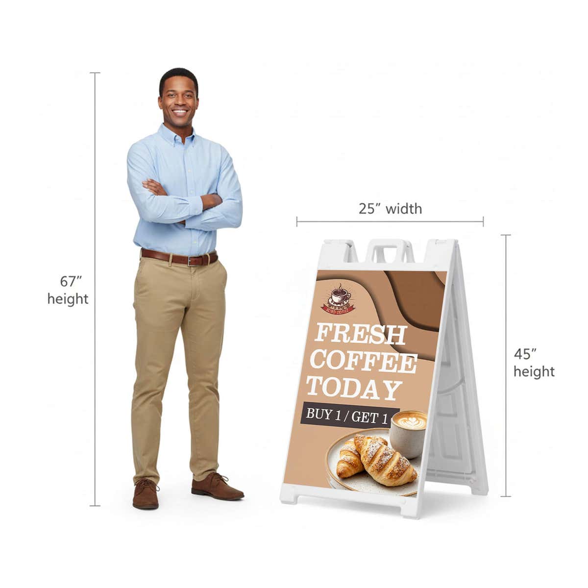 Fresh coffee A-frame sign shown with size dimensions beside a man