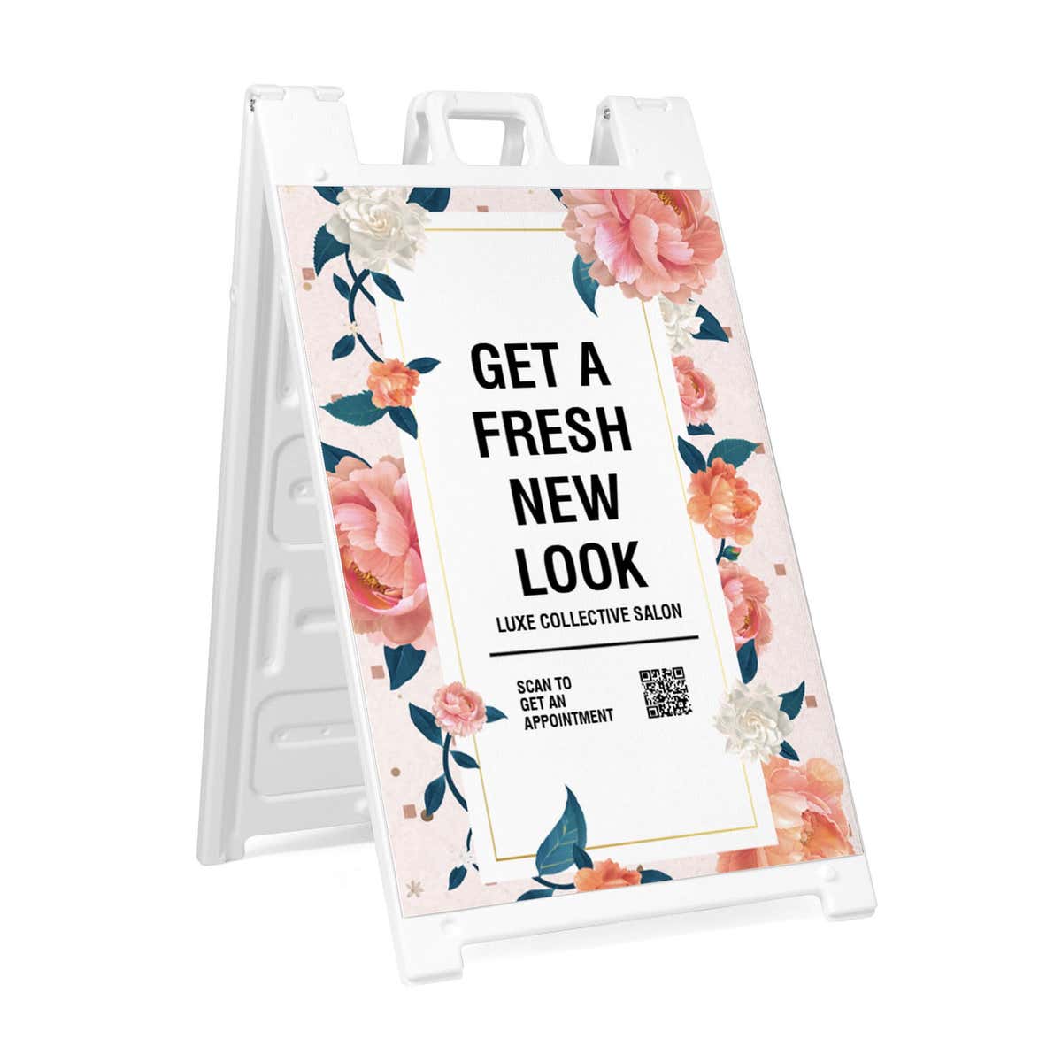 Fresh look salon A-frame sidewalk sign in white plastic frame, angled view