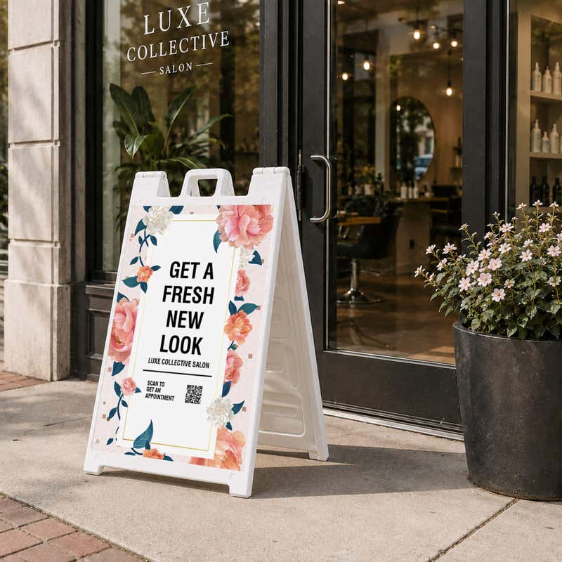 Fresh look salon A-frame sidewalk sign displayed in front of a store