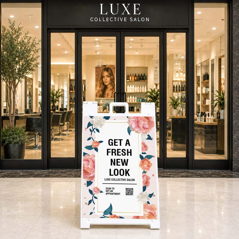 Fresh look salon A-frame sidewalk sign displayed in front of a store