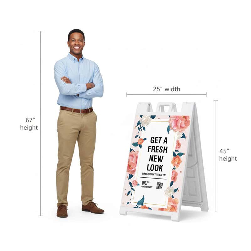 Fresh look salon A-frame sign shown with size dimensions beside a man