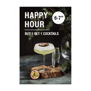 Happy hour sign design artwork on a white background
