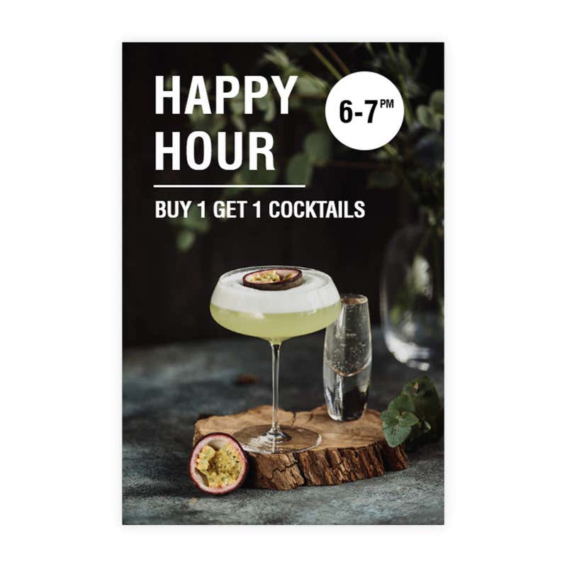 Happy hour sign design artwork on a white background