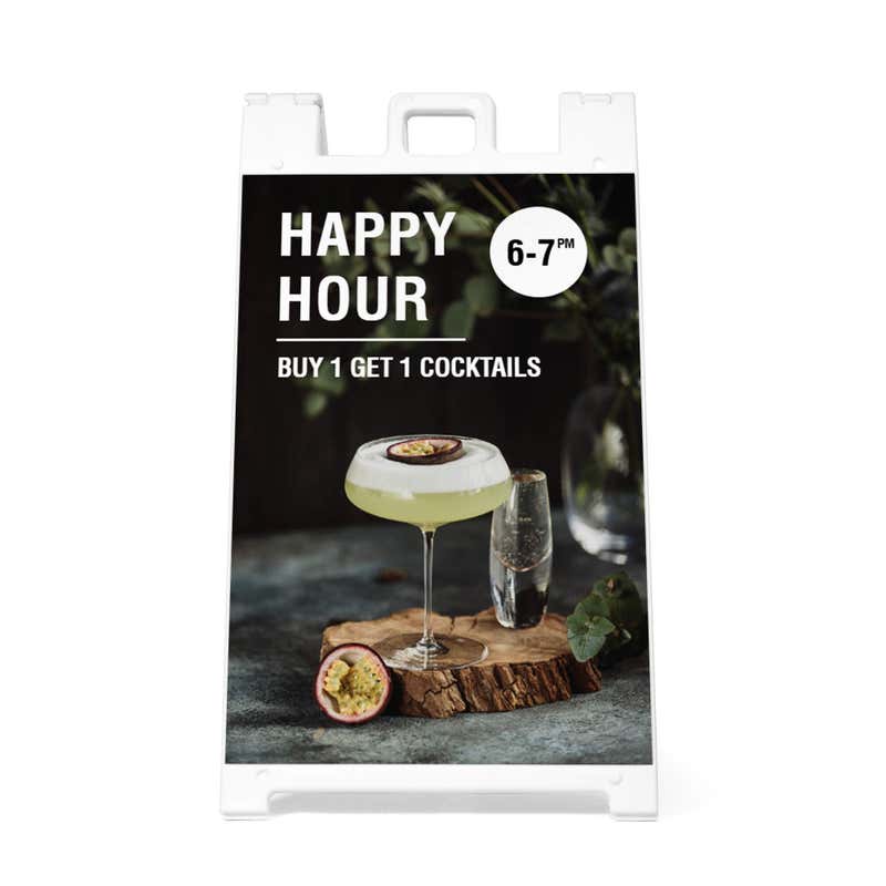 Front view of the happy hour A-frame sidewalk sign