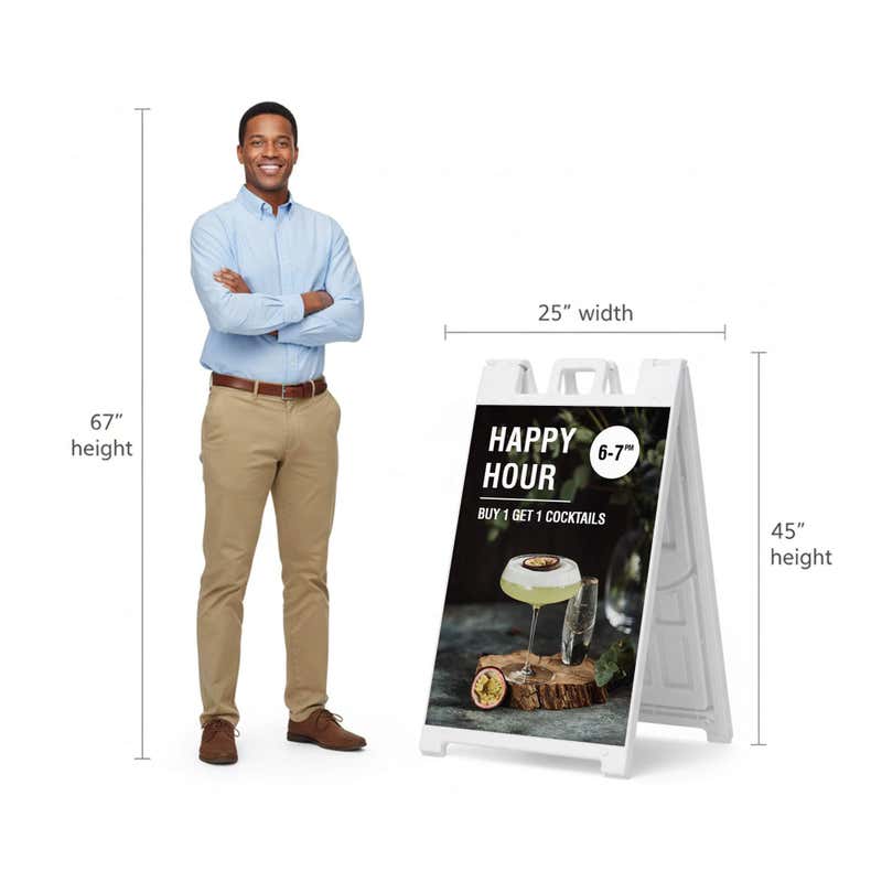 Happy hour A-frame sign shown with size dimensions beside a man