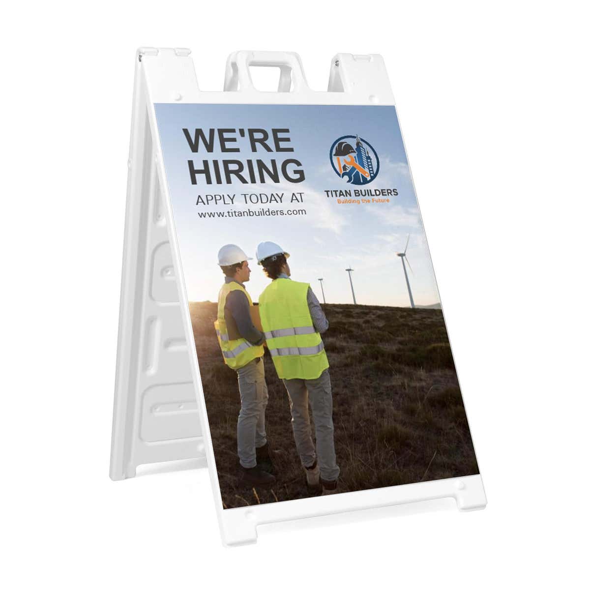 Construction now hiring A-frame sidewalk sign in white plastic frame, angled view