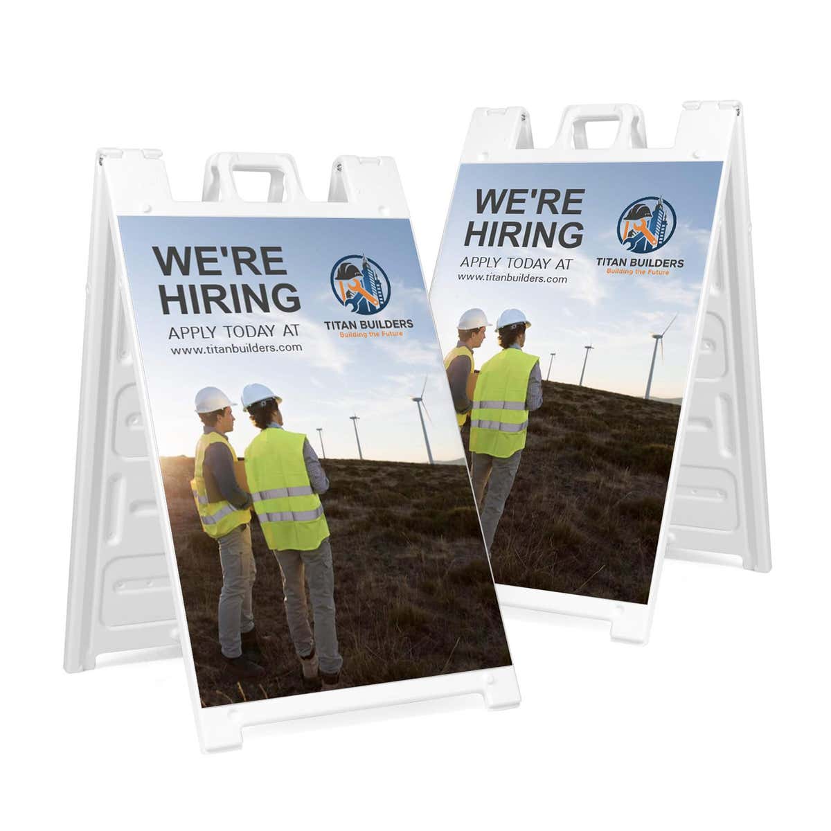 Two construction now hiring A-frame sidewalk signs shown front and angled