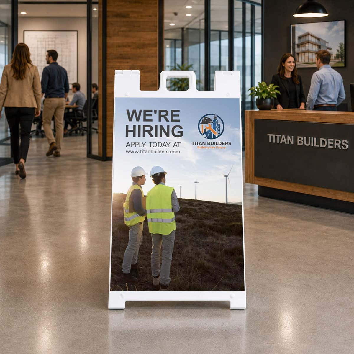Construction now hiring A-frame sign displayed in an office lobby