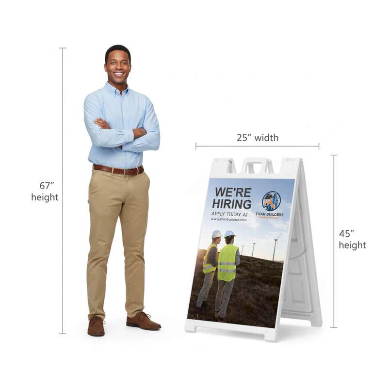 Construction now hiring A-frame sign shown with size dimensions beside a man