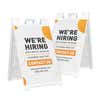 Two orange now hiring A-frame sidewalk signs shown front and angled