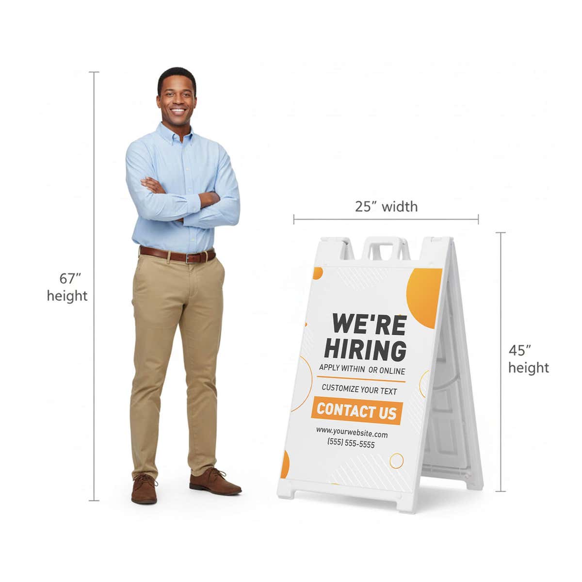 Orange now hiring A-frame sign shown with size dimensions beside a man