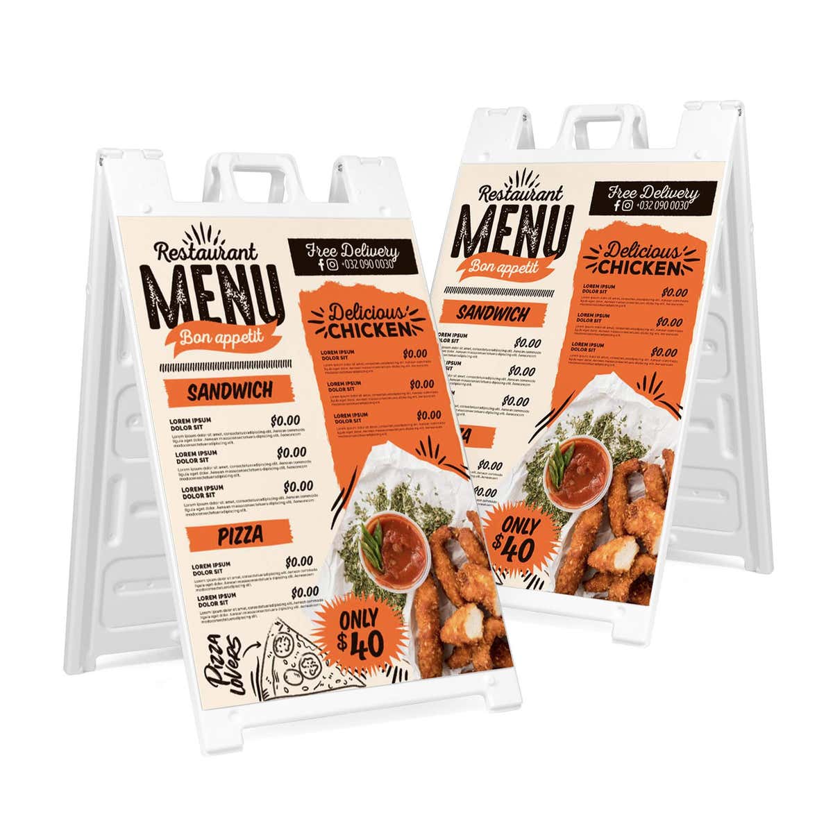 Two restaurant menu A-frame sidewalk signs shown front and angled