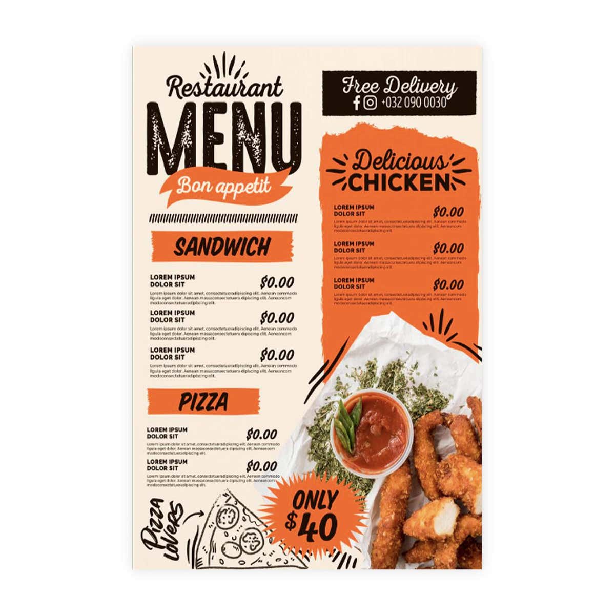 Restaurant menu sign design artwork on a white background