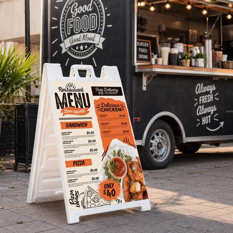 Restaurant menu A-frame sign set up beside a food truck