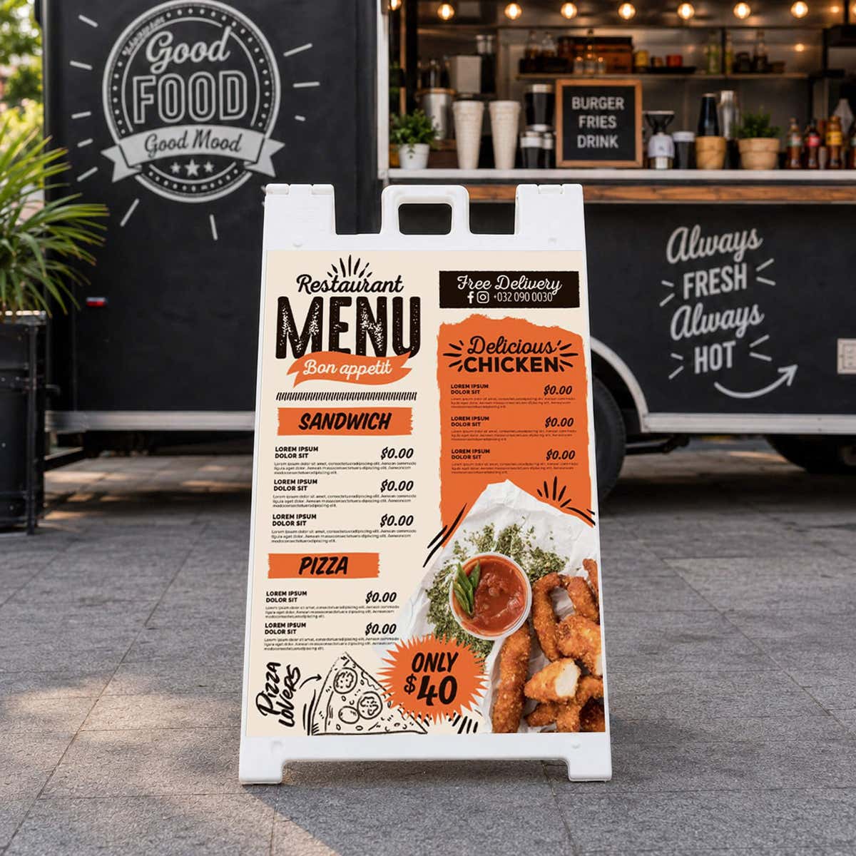 Restaurant menu A-frame sign set up beside a food truck