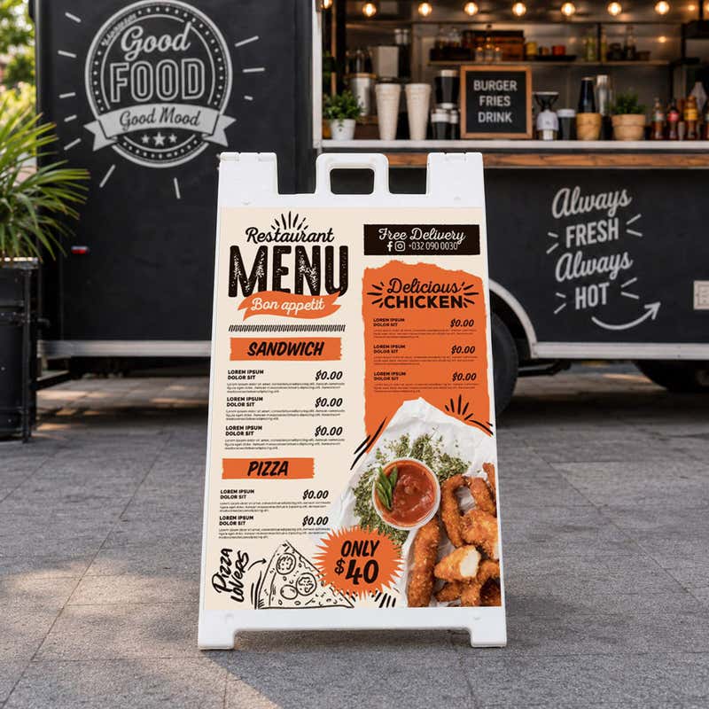 Restaurant menu A-frame sign set up beside a food truck
