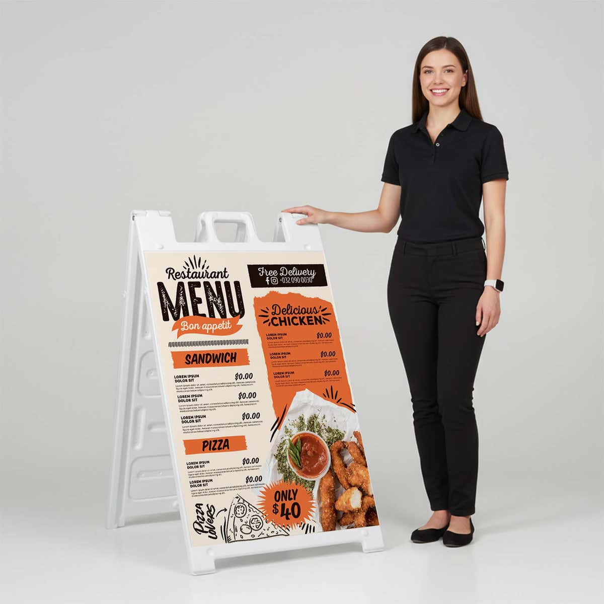 Woman standing beside a restaurant menu A-frame sign for scale