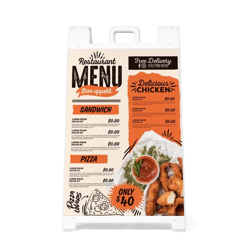 Front view of the restaurant menu A-frame sidewalk sign