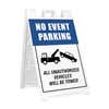 No event parking A-frame sidewalk sign in white plastic frame, angled view