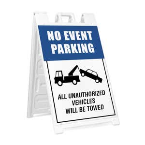 No event parking A-frame sidewalk sign in white plastic frame, angled view
