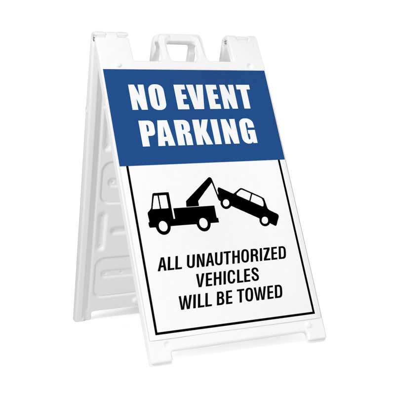 No event parking A-frame sidewalk sign in white plastic frame, angled view