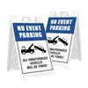 Two no event parking A-frame sidewalk signs shown front and angled
