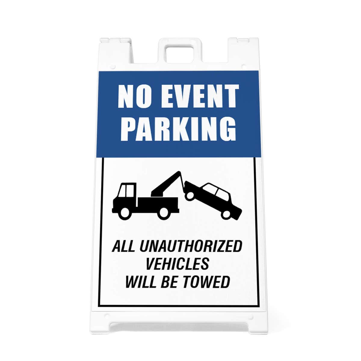 Front view of the no event parking A-frame sidewalk sign