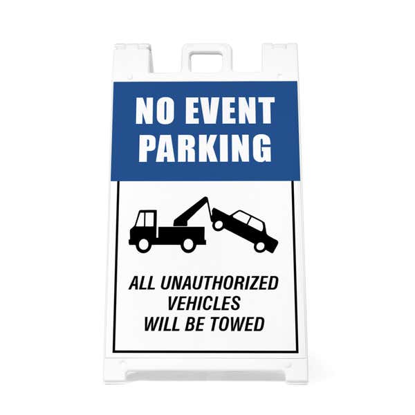 Front view of the no event parking A-frame sidewalk sign