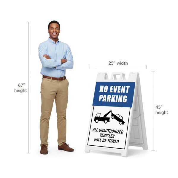 No event parking A-frame sign shown with size dimensions beside a man