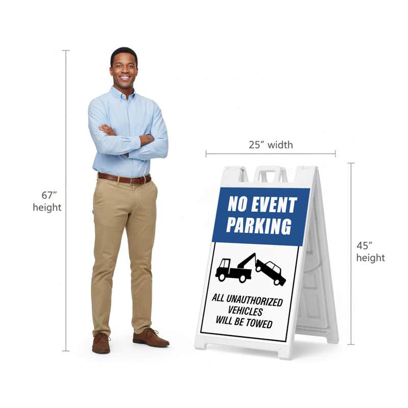 No event parking A-frame sign shown with size dimensions beside a man