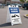 No event parking A-frame sign displayed in a parking lot