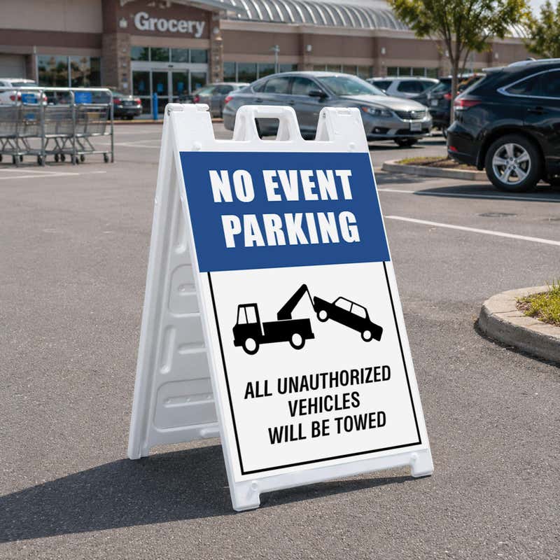 No event parking A-frame sign displayed in a parking lot