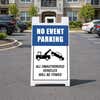 No event parking A-frame sign displayed in a parking lot