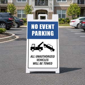 No event parking A-frame sign displayed in a parking lot