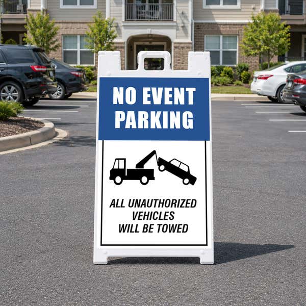 No event parking A-frame sign displayed in a parking lot
