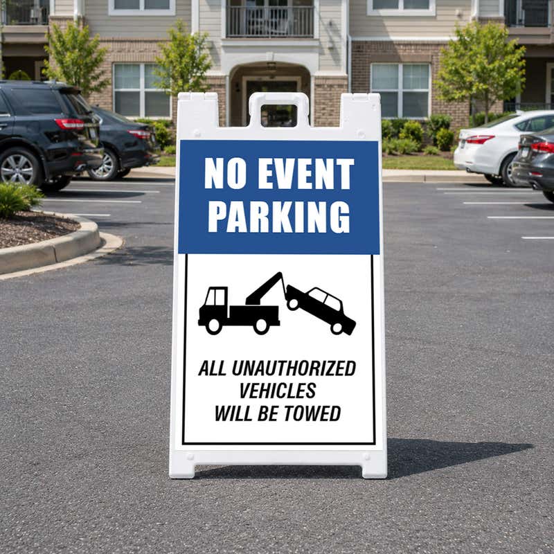 No event parking A-frame sign displayed in a parking lot