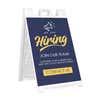 Blue now hiring A-frame sidewalk sign in white plastic frame, angled view