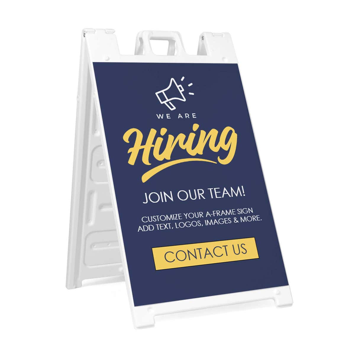 Blue now hiring A-frame sidewalk sign in white plastic frame, angled view