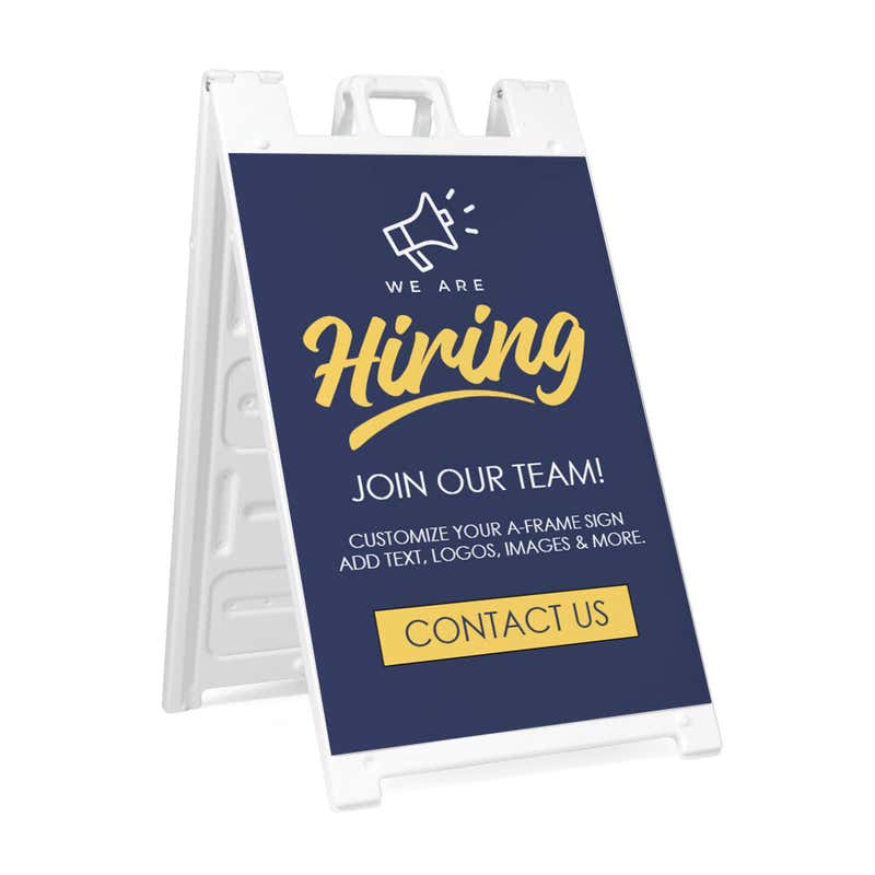 Blue now hiring A-frame sidewalk sign in white plastic frame, angled view
