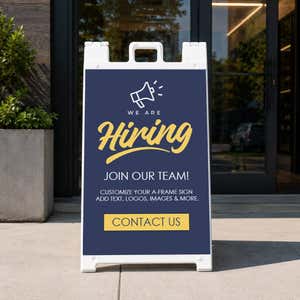 Blue now hiring A-frame sidewalk sign displayed in front of a business