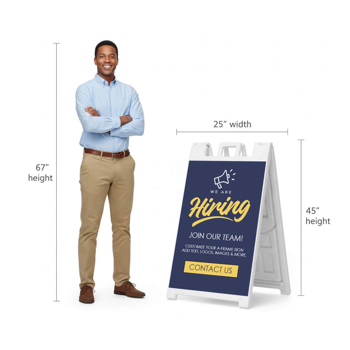 Blue now hiring A-frame sign shown with size dimensions beside a man