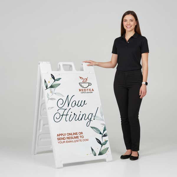 Woman standing beside a floral now hiring A-frame sign for scale