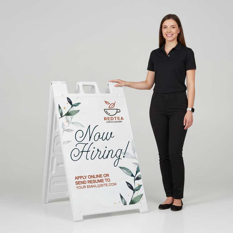 Woman standing beside a floral now hiring A-frame sign for scale